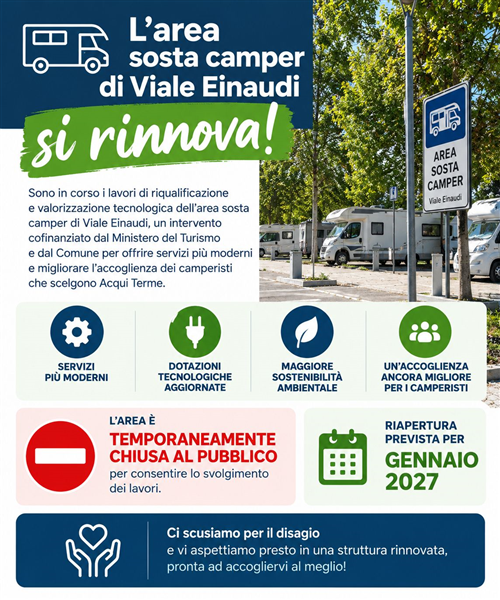 L’area sosta camper di Viale Einaudi si rinnova! La riapertura è prevista per gennaio 2027.